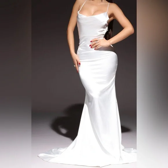 angelique satin maxi dress Angelique Satin Cowl Back Maxi Dress - Taupe
